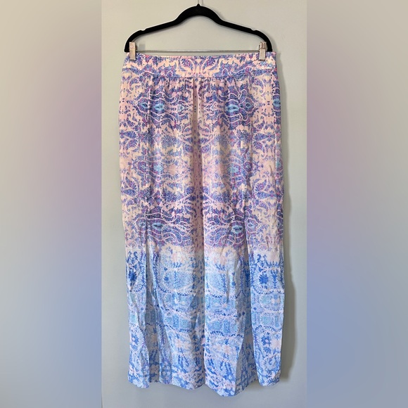 Maeve by Anthropologie 100% Silk Maxi Skirt‎ Watercolor Boho Purple Blue Large - Picture 4 of 9